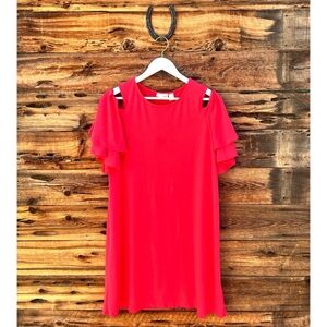 HALOGEN | Cold Shoulder Flutter Sleeves Shift Dress Pink Teaberry Coral L